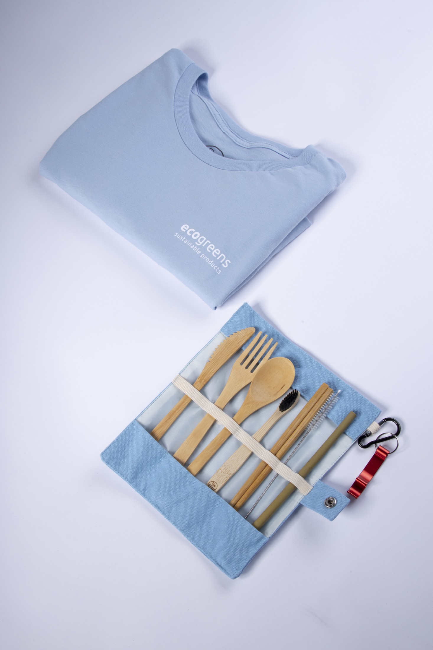 EcoGreens branded launch assets with blue apparel and reusable product kit