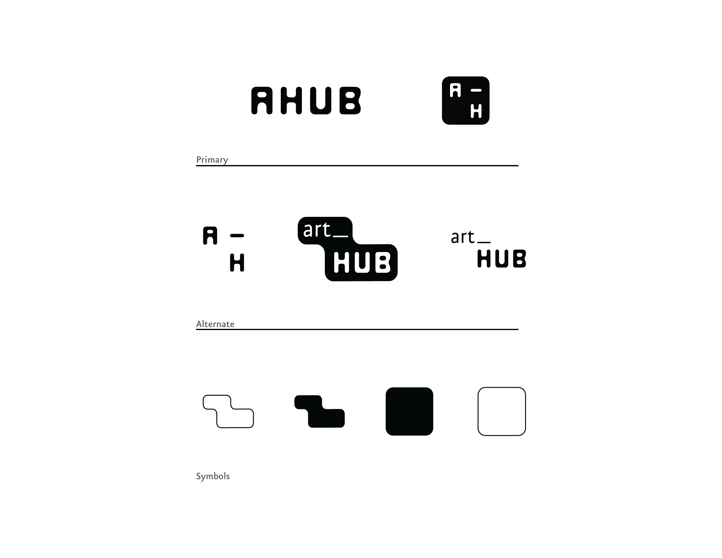 artHUB identity system exploration sheet with primary marks, alternate lockups, and symbols