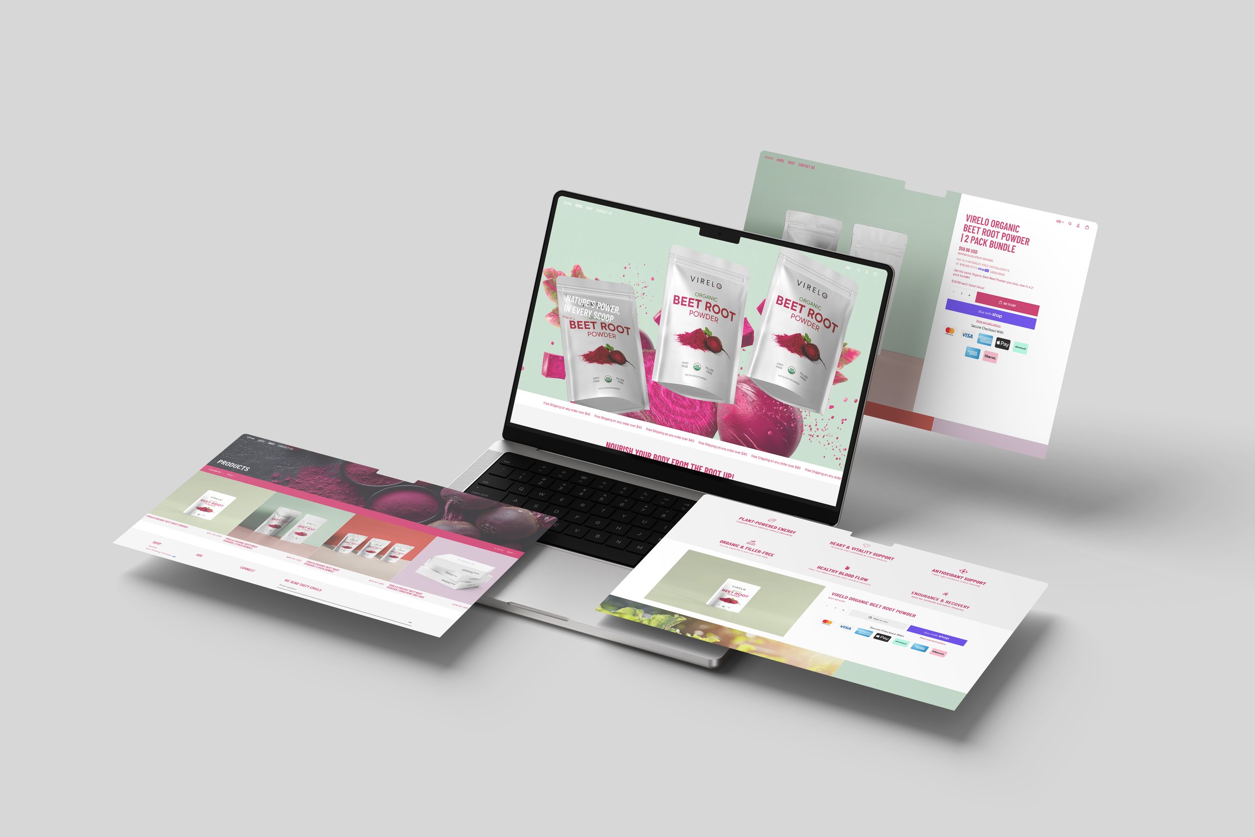 Virelo ecommerce web direction shown across a laptop and floating storefront screens